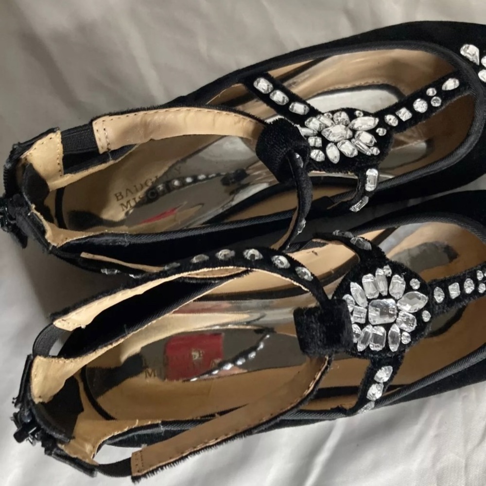 Badgley Mischka TEERA T GEM Black Velvet Jeweled Flats Ankle Straps Women’s 5 - Picture 4 of 12